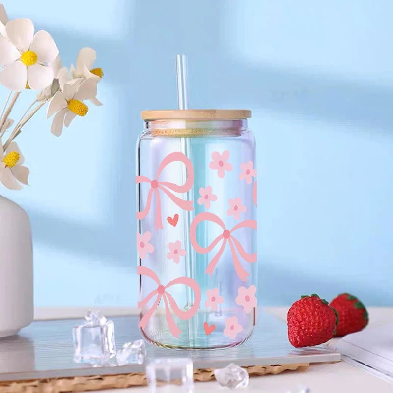 UV DTF Transfer Sticker Flowers Bows For The 16oz Libbey Glasses Wraps Bottles Cup Can DIY Waterproof Decals D19610