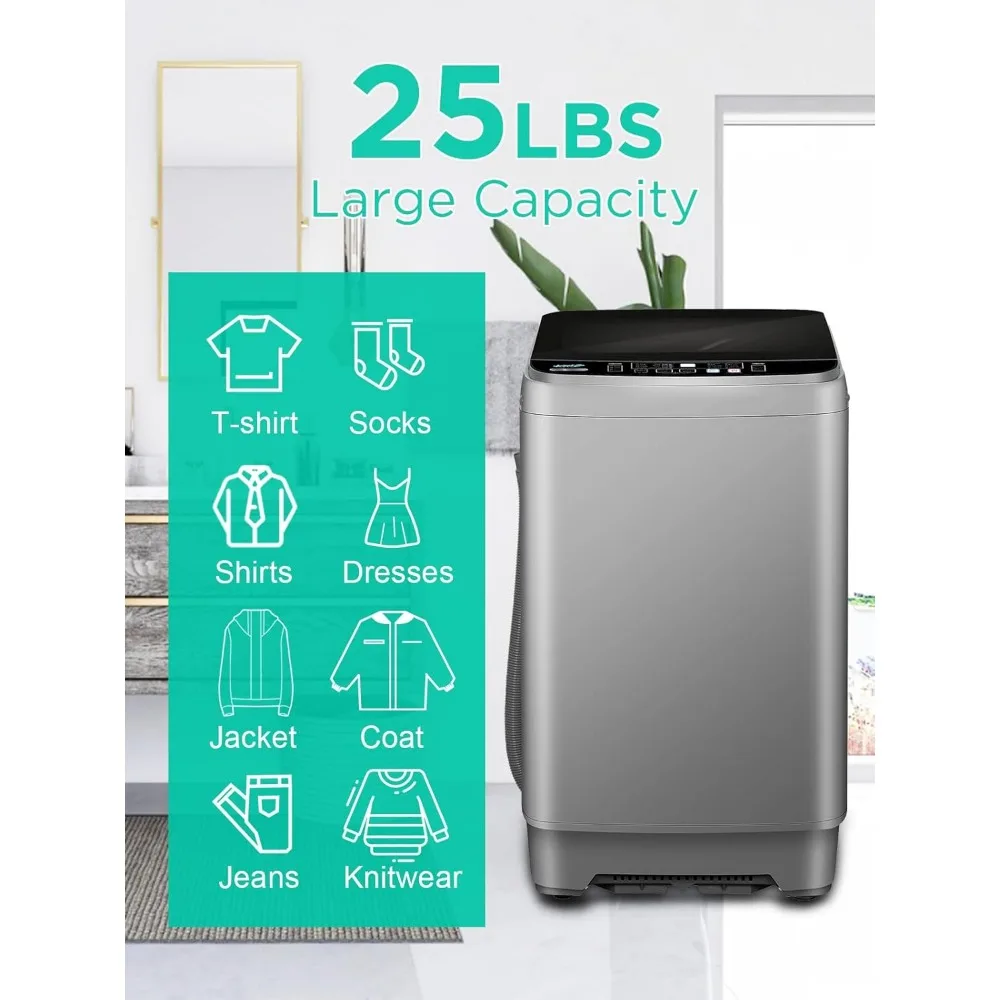 Full Automatic Washing Machine with LED Display, 25 lbs Portable Washer Drain Pump, Come with a Glass Cover, 8 Programs 5
