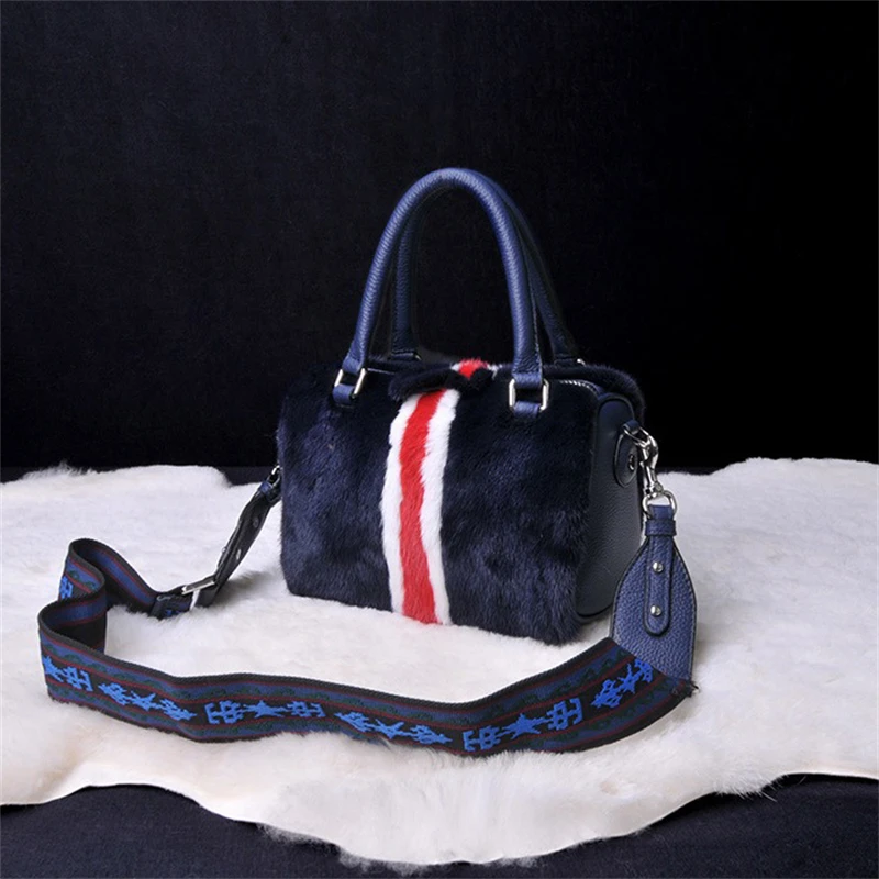 Fashion Luxury Women's Fur Handbag Winter Natural Mink Fur Shoulder Bag Real Cowhide Handles High Quality Crossbody Bag