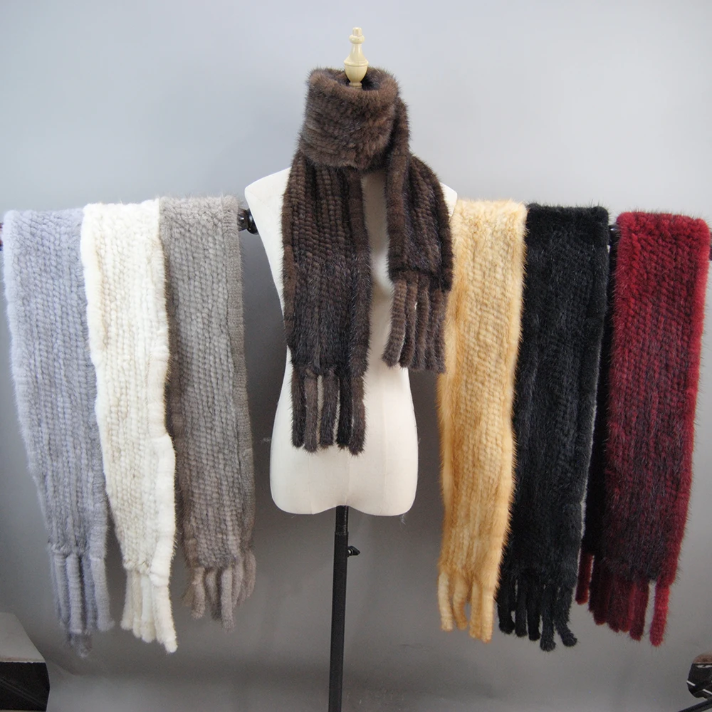 Women Winter Warm Real Mink Fur Scarf 100% Genuine Real Mink Fur Muffler Lady Fashion Quality Natural Real Mink Fur Knit Scarves 6