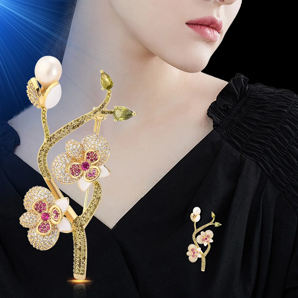 

Женская Брошь с кристаллами циркона, розово-красные медные булавки с металлическими цветами, изящная женская одежда, подарок, бесплатная доставка