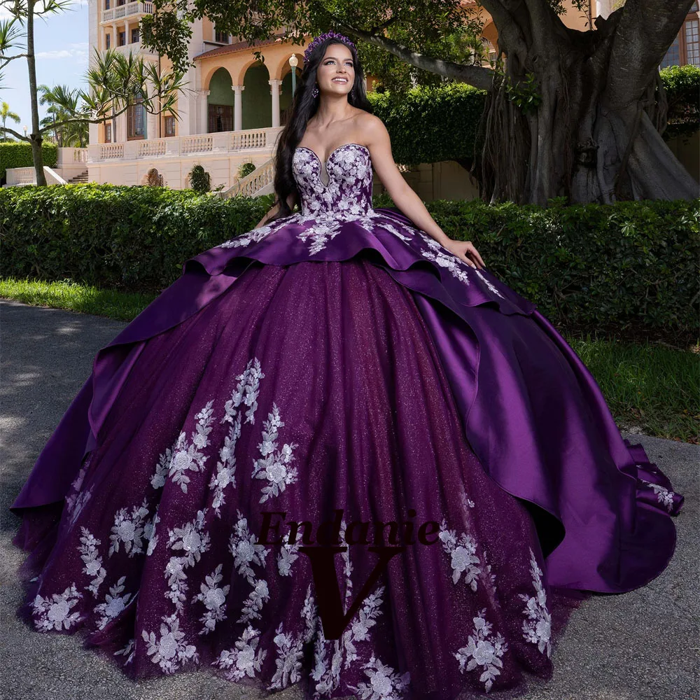 Purple Quinceanera Dresses Off Shoulder Satin Appliques Prom Ball Gowns  Sweet 16 | eBay