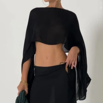 Women Mesh Sheer Poncho Crop Tops Y2k Lightweight Pullover Cape Cover Ups Chiffon Dressy Wrap Bolero Shrug Sun Protection 1