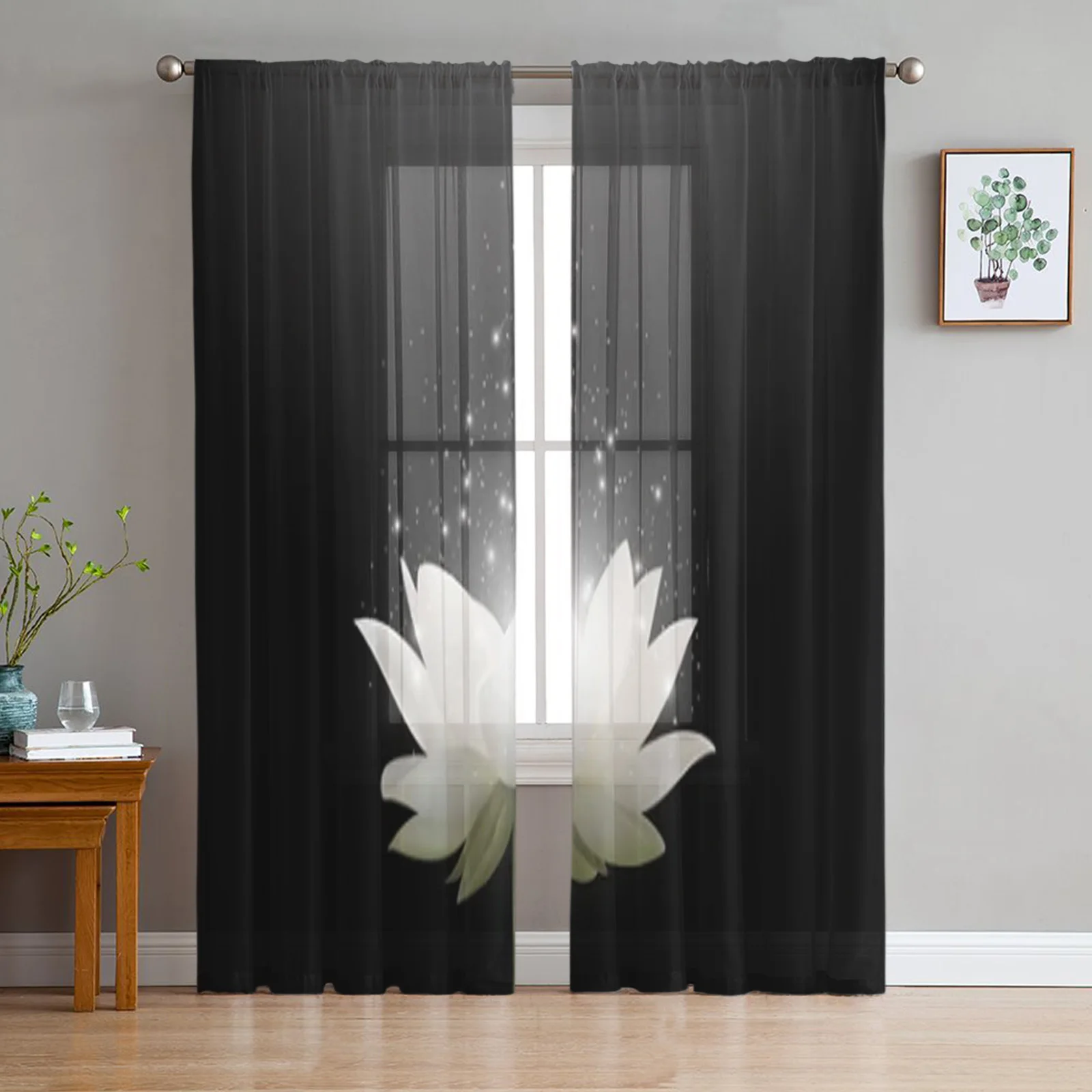 Magic White Lotus Flower On Black Sheer Tulle Tenda Per Soggiorno Window Treatment Coffee Party Decor Tende Da Balcone