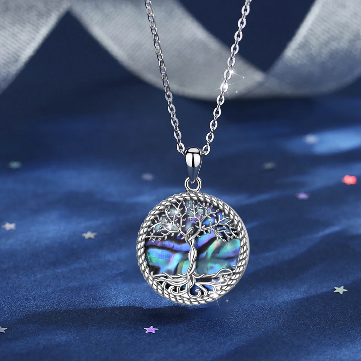 EUDORA 925 Sterling Silver Tree Of Life Pendant Silver Leaf Blue Mother of Pearl Necklace Women Fine Jewelry Mom Gift with Box