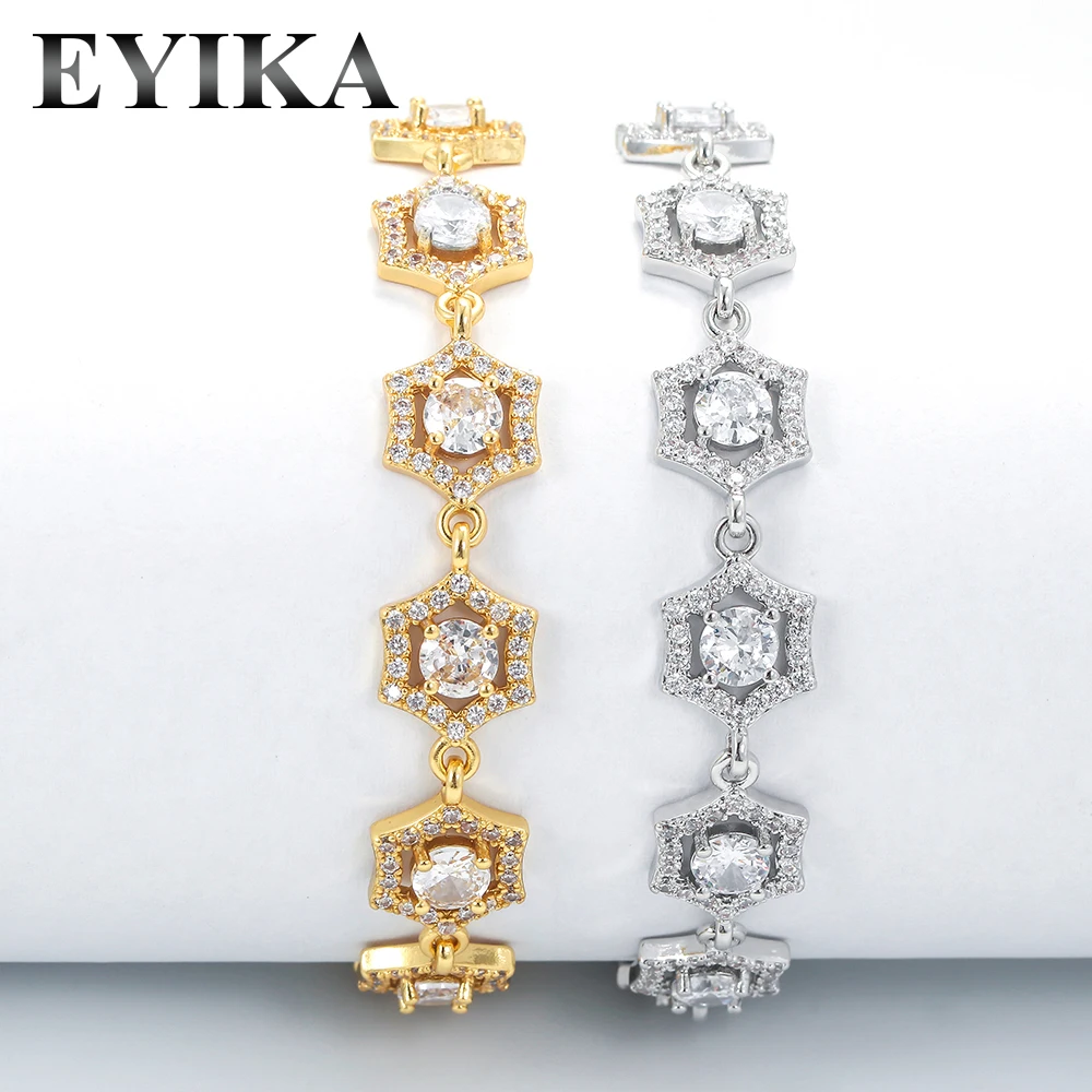 

EYIKA Gold Plated Full Shiny White Zircon Hexagon Bracelet For Women Wedding Anniversary Birthday Gift Jewelry Accessories