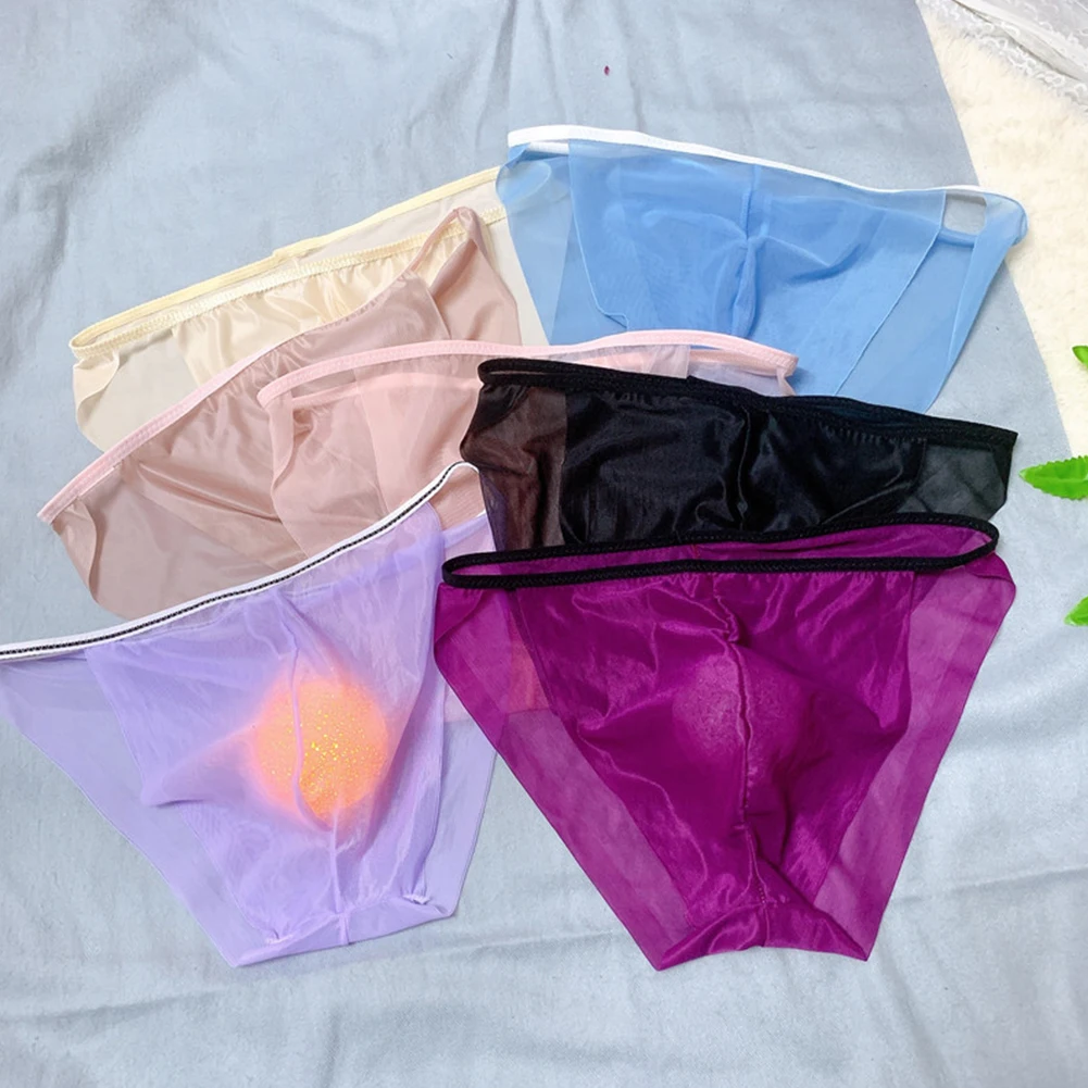 Gay Sexy Mesh Briefs Transparent Sissy Imitation Silk Underwear Transparent Underpants Bulge Pouch Panties Soft Erotic Lingerie