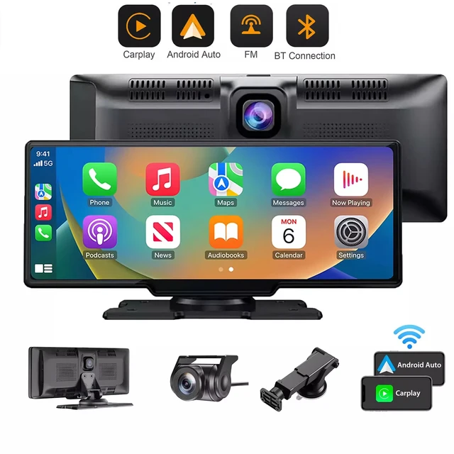 4K 10,26" Écran Tactile Caméra de Tableau de Bord Voiture Apple CarPlay Android Auto Sans Fil Double Objectif Enregistreur Vidéo Dash Cam DVR Pour ISO Android 1