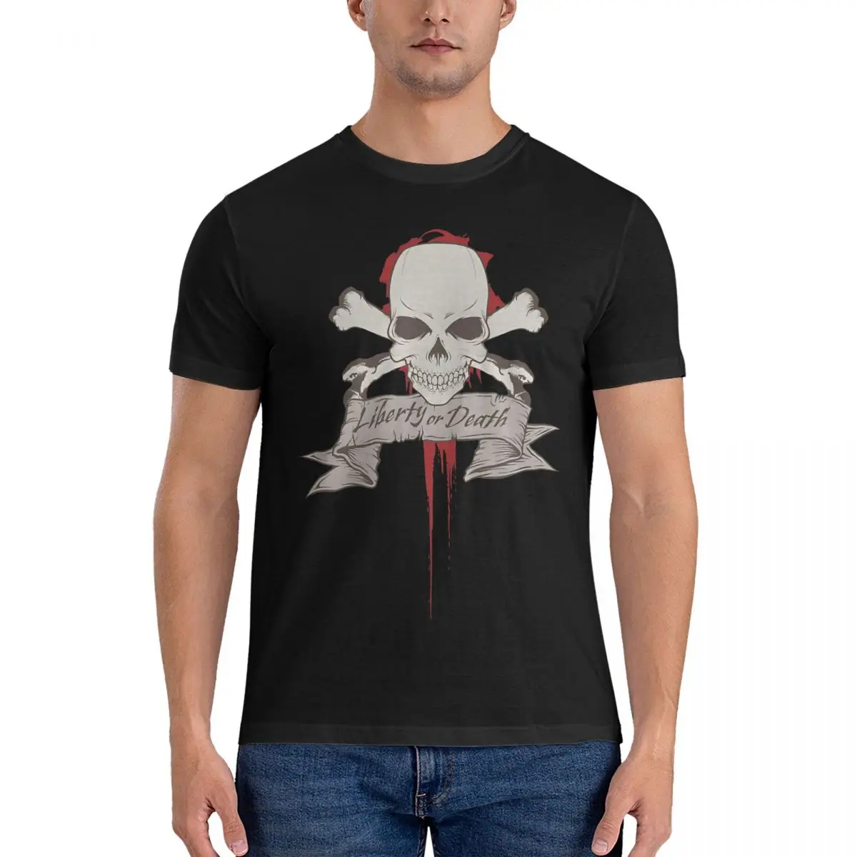 

Men's T-Shirt SKULL Vintage 100% Cotton Tees Short Sleeve Liberty Or Death T Shirt Round Neck Clothing Gift Idea