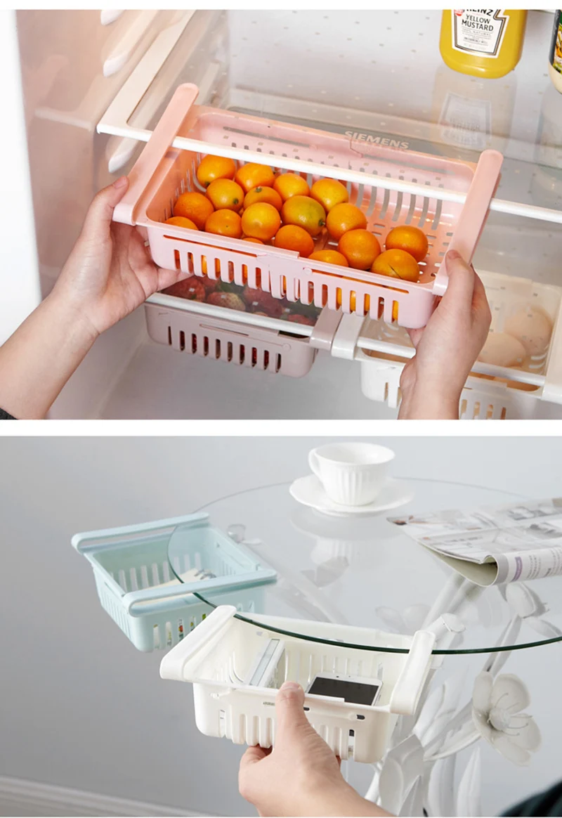 Caja organizadora retráctil para refrigerador, estante multifuncional  escalonado, capa divisora fresca, organizador de almacenamiento de cocina -  AliExpress