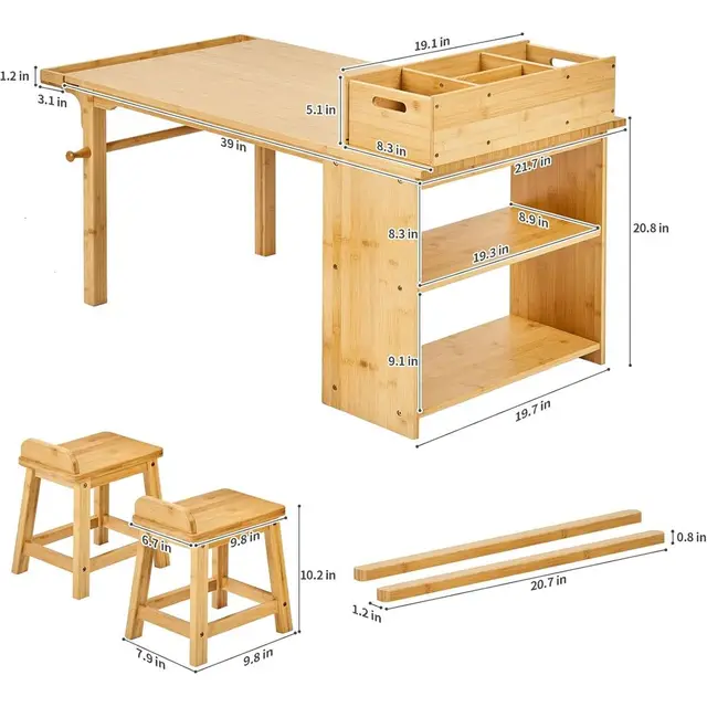 Art Table and Chair Set for Kids with Paper Roll Holder, Storage Shelves, Side Tray, Organizer Caddy, and 2 Stools, Ideal for Ag
