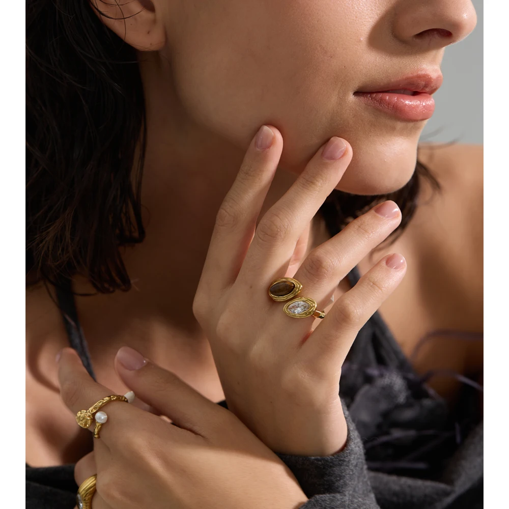 Yhpup Adjustable Stainless Steel Ring Tiger Stone
