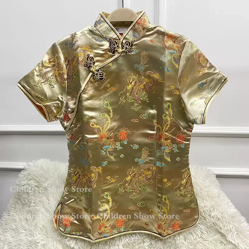 Brocade Dragon Phoenix Costume Chinese Style Qipao Top Lady Elegant Tang Clothes Silk Women's Slime Costumes Vintage Blouse