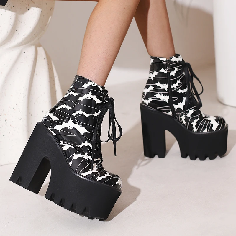 

2023 autumn winter Women ankle boots plus size 22.5-27CM patent leather printing modern boots lace up thick heel platform boots