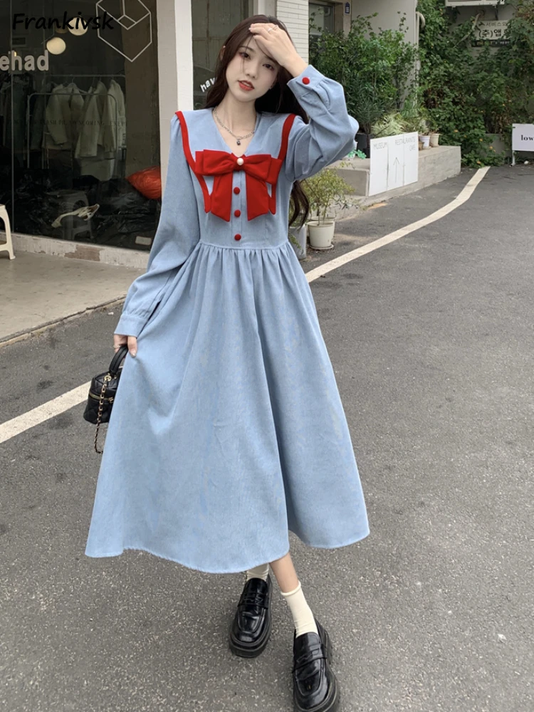 

Dresses Women Bow-design Hotsweet Korean Preppy Style High Street Fashion Long Sleeve Youthful Popular Simple Mid-calf Spring