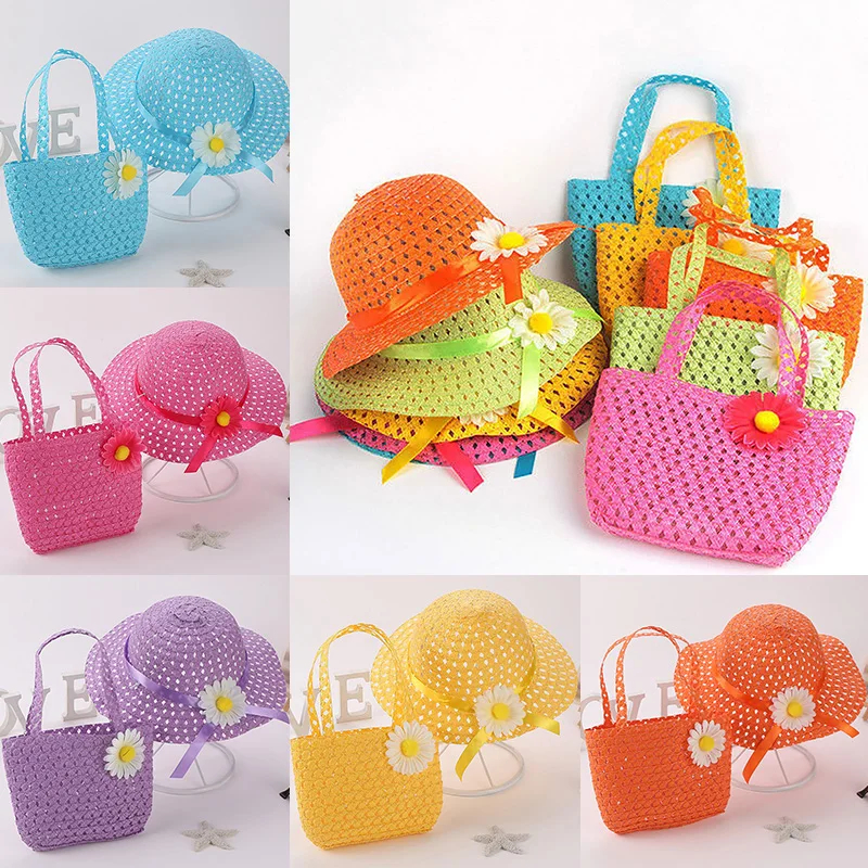 Straw Hat Outdoor Sun Hat Outdoor Straw Hat Bag Set Kids Girl Breathable Beach Hats Cherry Sweet Princess Seaside Panama Hat Spring Summer