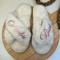 Custom Bridesmaid Fluffy Cross Plush Open Toe Cozy Slippers Maid of Honor Gift Bridal Shower Wedding Bachelorette Party Slippers 1