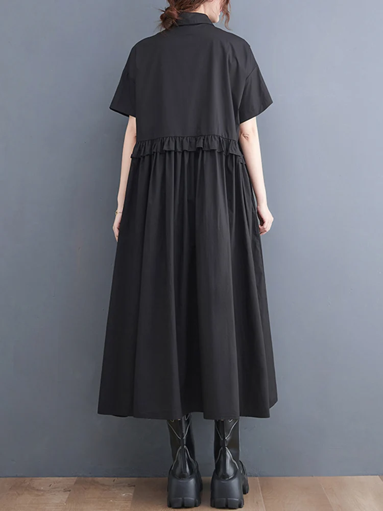 2025 Spring Summer New Patchwork Shirt Dresses For Women Short Sleeve Loose Casual Vintage Long Dress Fashion Elegant Clothing