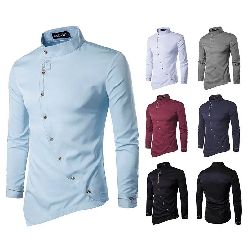 

2023 Men's Embroidered Personalized Diagonal Button Irregular Shirt Large Fashion Casual Long Sleeved Shirt