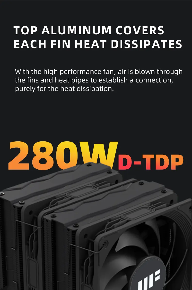 CPU Cooler 153mm height 7 HeatPipe TDP 280W Dual Towers Double Fan For Intel 185
