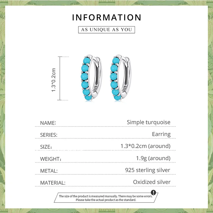 Bamoer 100% 925 Sterling Silver Simple Blue Turquoise Ear Buckles Earrings for Women Fashion Fine Customize Jewelry Wholesale