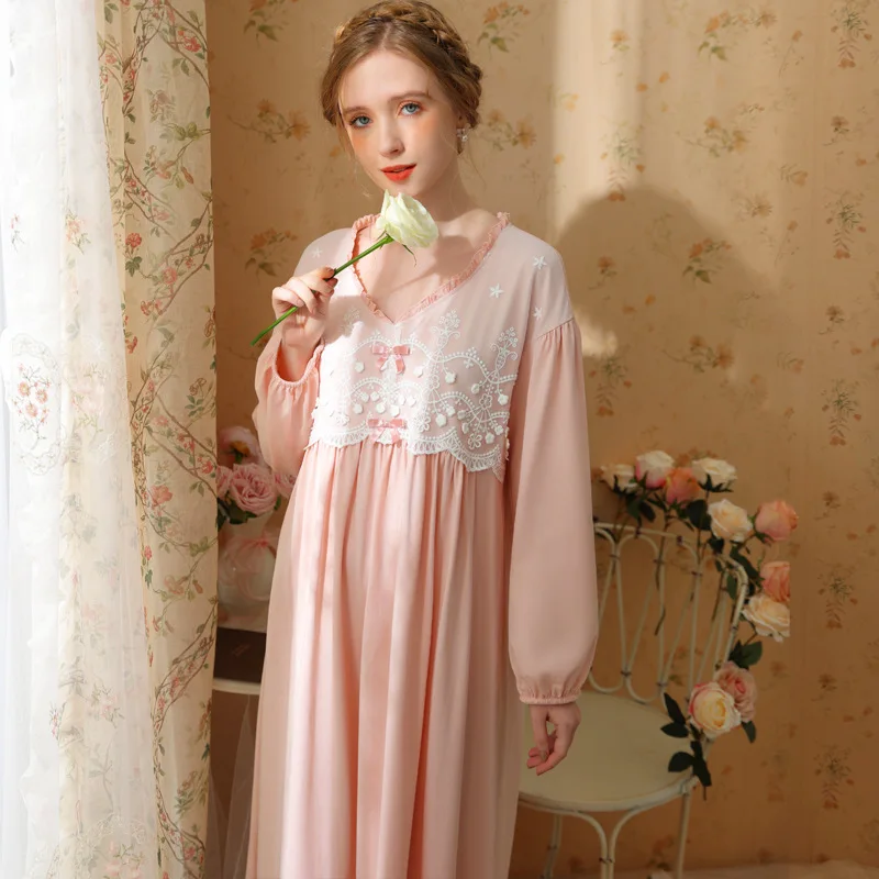 

Women's Cotton Long Sleeve Sleep Dress Spring Autumn Palace Princess Style Sleepwear French Sweet Loose Dress 2023 New Arrival