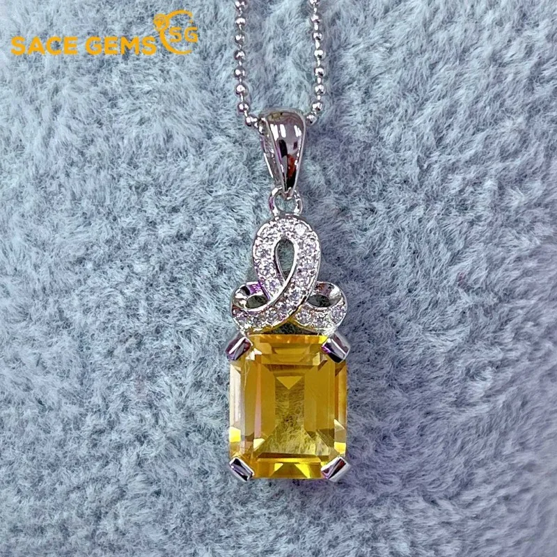 

SACEGEMS Luxury 8*10mm Natual Citrine Pendant 925 Sterling Silver Pendant Necklace for Women Everyday Party Fine Jewelry Gift