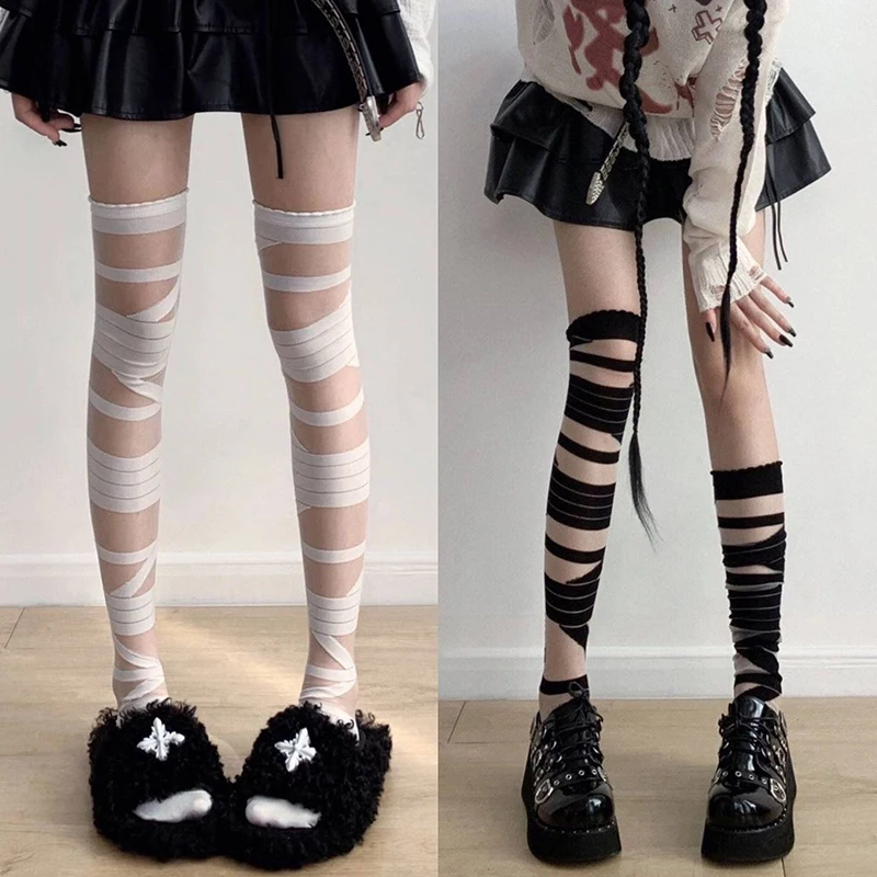 Neue Mode ultra dünne Frauen würzige Mädchen Bandage Streifen lange Socke weibliche japanische Lolita JK sexy Sommer Cross Tube weiße Strümpfe