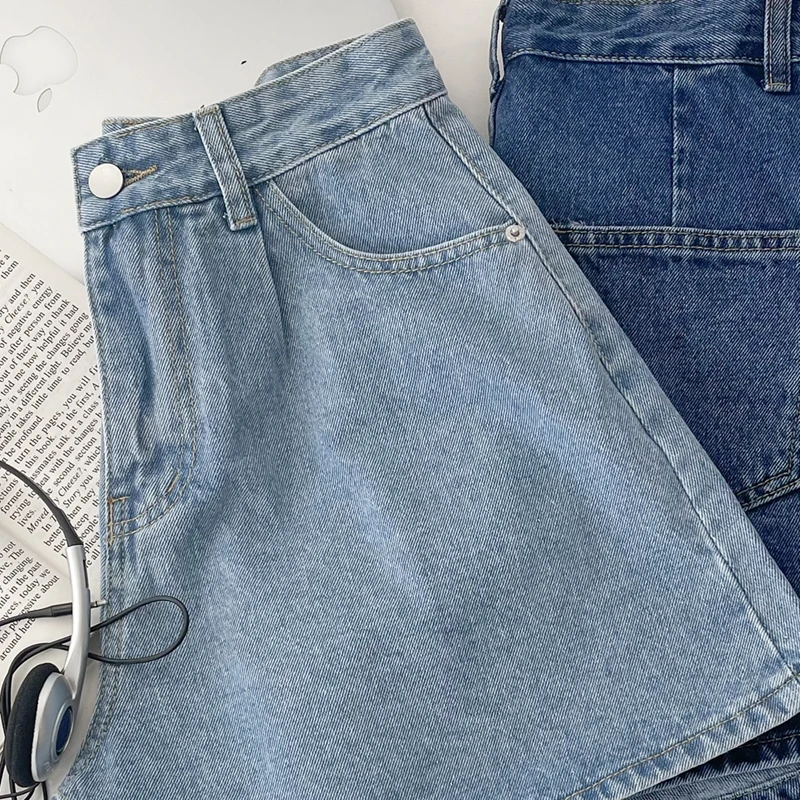 Vintage Classic Blue Wash Basic Simple High Waist Slim A-line Wide Leg Denim Shorts