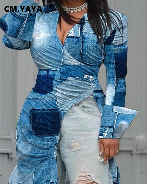CM.YAYA Women Fashion Plaid Fake Jean Printed Long Sleeve Wrap High Side  Slit Ruched Side