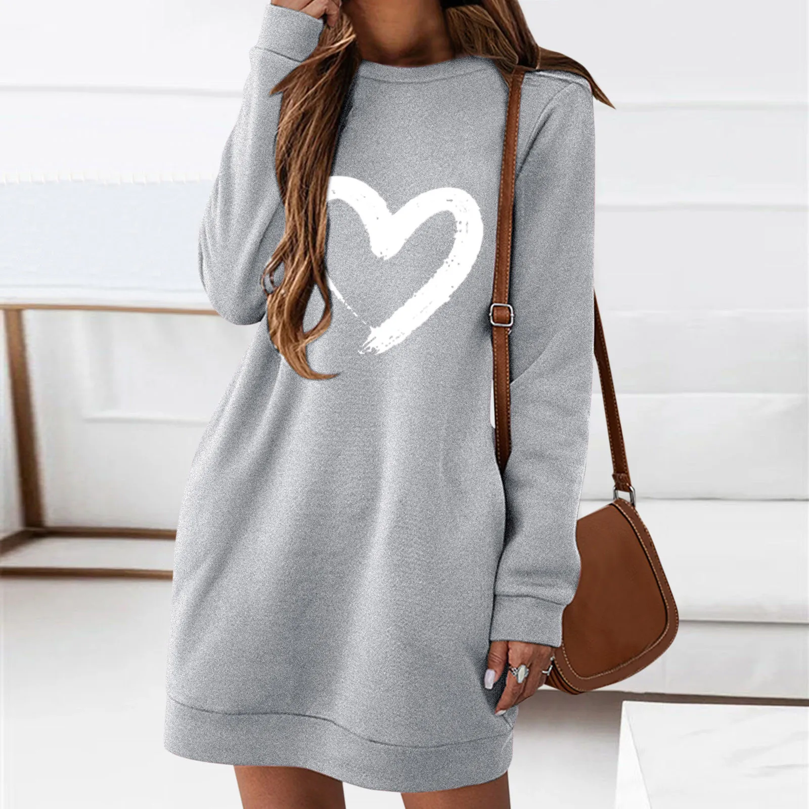 

Love Heart Printed Dress For Women Her Girlfriend Valentines Day Round Neck Sweat Long Sleeve Mini Shift Dresses Cotton Vestidos