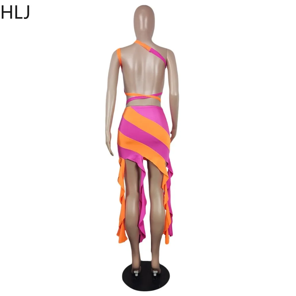 HLJ Fashion Color Splicing Ruffle Tassels Skirts Two Piece Sets Women One Shoulder Crop Vest And Lace Up Skirts Outfits Street