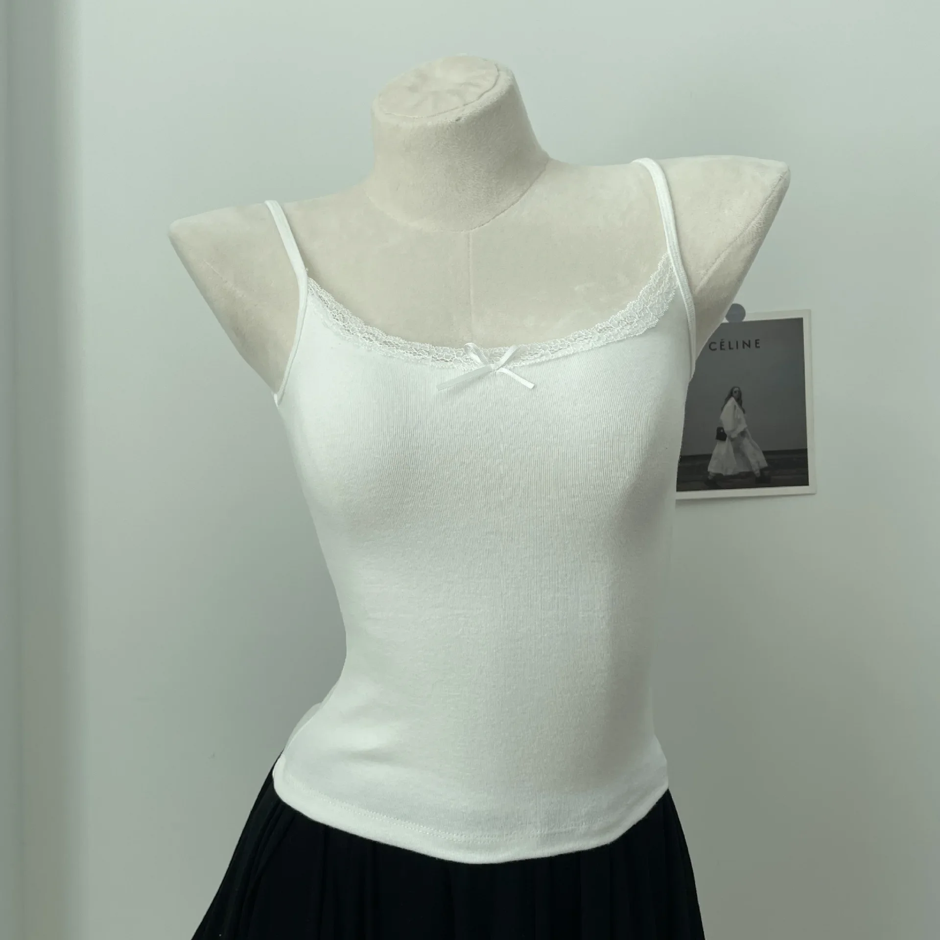Floral Eyelet Lace-Trim Bow Tank Top - Women's Slim Cotton Camisole