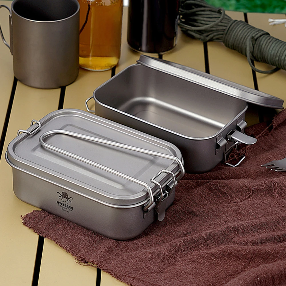 Camping Bento Box Titanium Bento Box Outdoor 800ml Lunch Box Rectangle Food Storage Container for Traveling Hiking