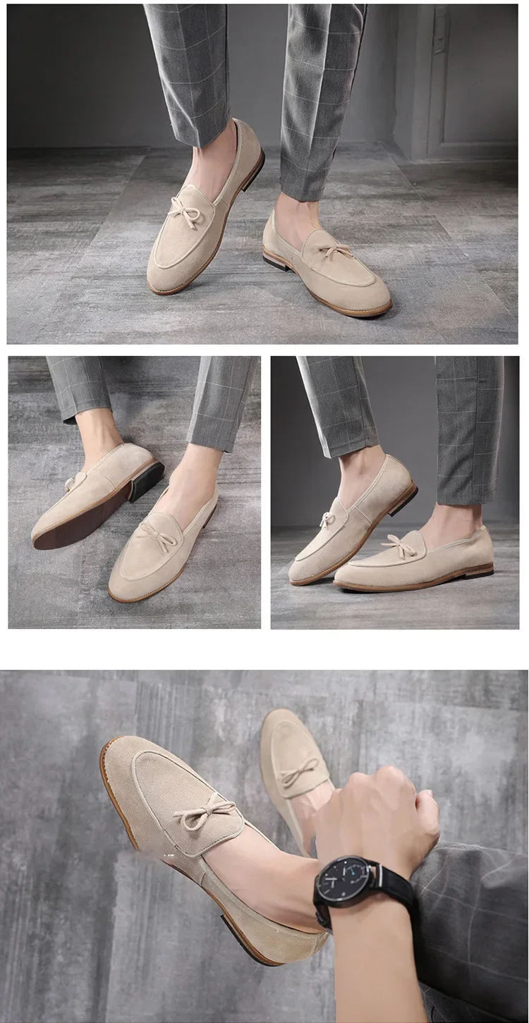 Men's Casual Shoes Suede Genuine Leather Men Trendy Bowknot Party Wedding Loafers Moccasins Mens Driving Flats