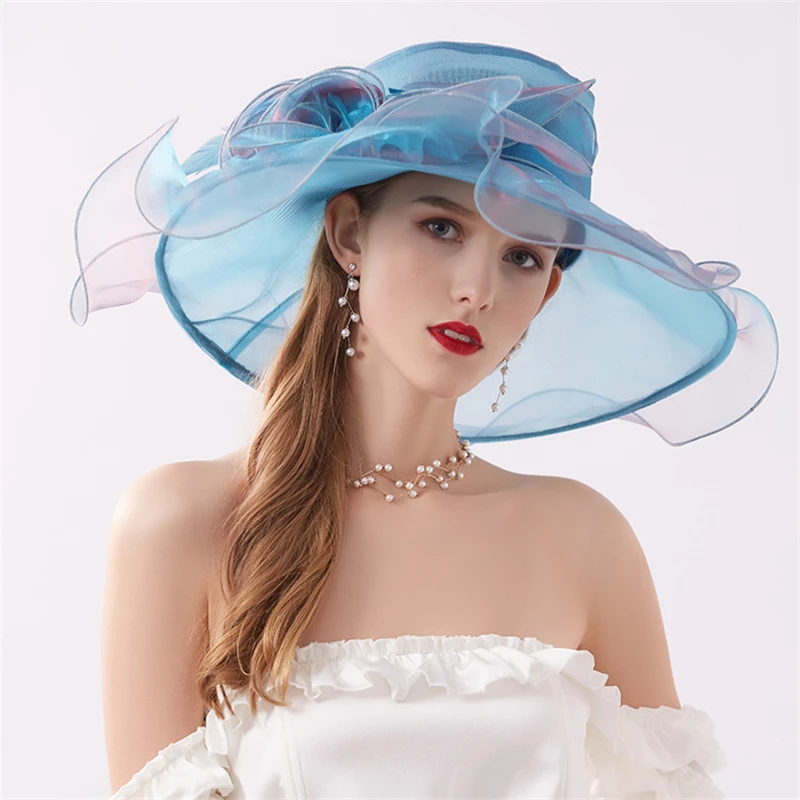

Women Elegant Fascinator Wedding Large Big Brim Organza Fedora Hats Kentucky Derby Church Party Ladies Summer Beach Sun Hat