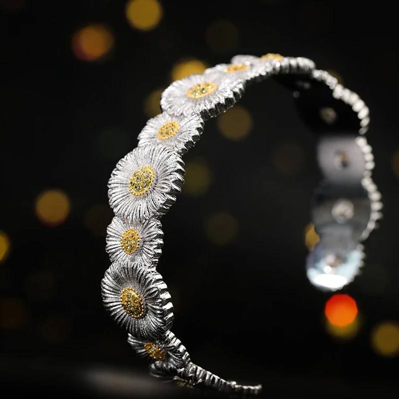 

CMajor S925 Sterling Silver Gold Plated Two Tone Brushed Flower Bangle Cuff for Women Jewelry