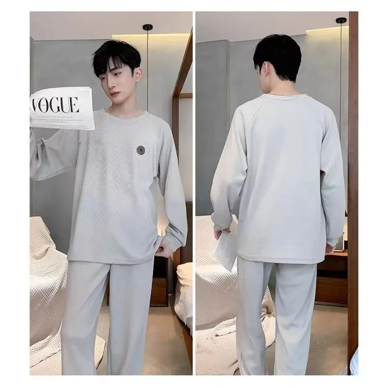 Men Pajamas Spring Autumn Cotton Long Sleeve Youth Large Size Nightclothes Male Round Collar Casual Simple Homewear Suit 2024