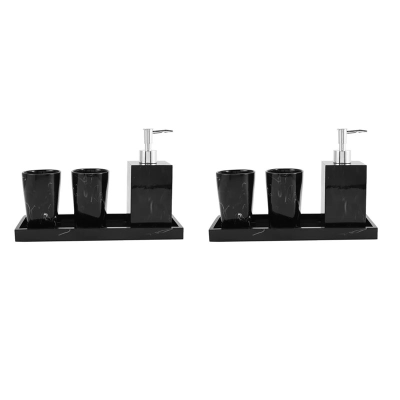 

2X Marble Texture Bathroom Supplies Black 4Pcs Resin Bathroom With Dispenser Toothbrush Holder Soap Dispenser