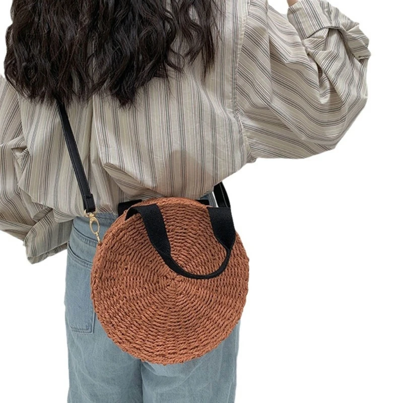 Women Knitted Crossbody Bag Small Round Bag Female Beach Bag Straw Shoulder Bag E74B
