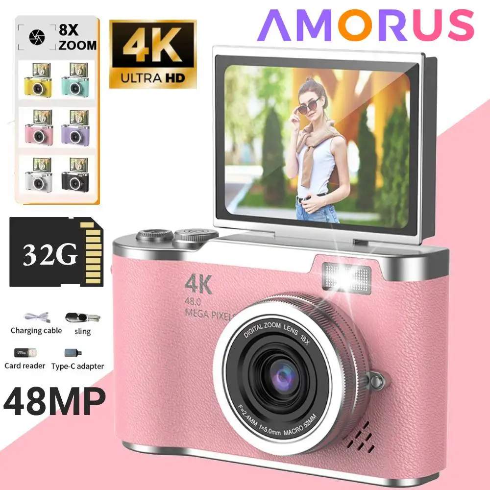 4K Digital Camera Beauty Filters 48MP HD Student CCD Camera CMOS Anti Shake 180° Flip Screen Selfie Camera For Kids Adults Gift_voghion.com