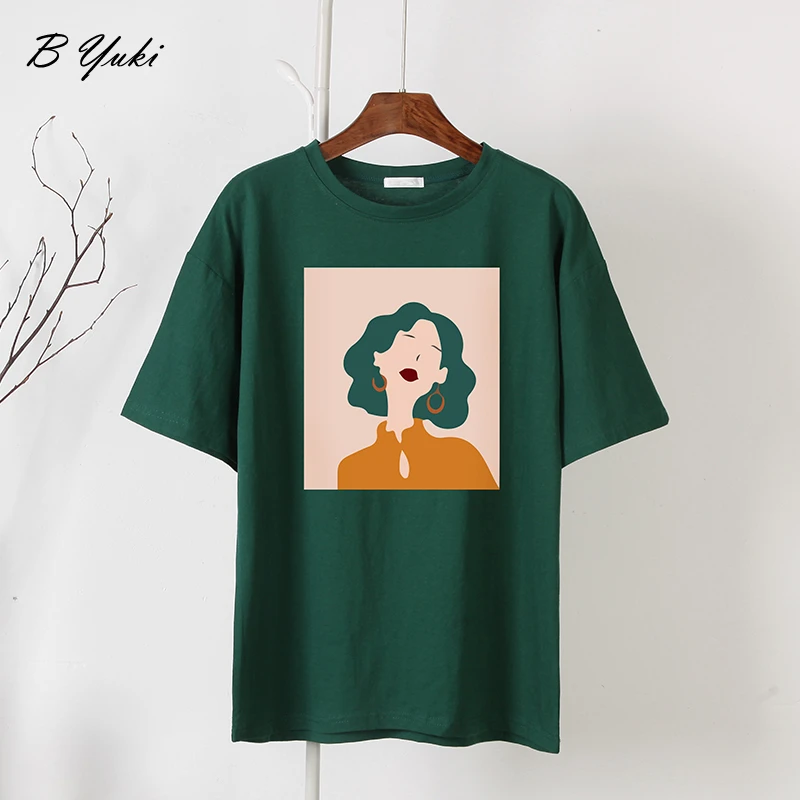 Blessyuki Cute Girl Printed T Shirt Women Summer New 100% Cotton Aesthetic Character Printed O Neck Tops Female Loose Cusual Tee yellow t shirt
