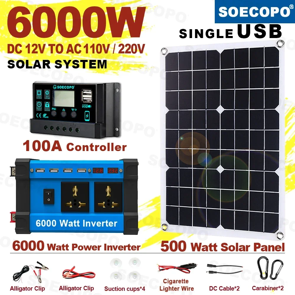 6000W Solar System Complete Kit 12V To 110V/220V 100A Controller 500W Panel Off-Grid Inverter System for Home/Camping Backup
