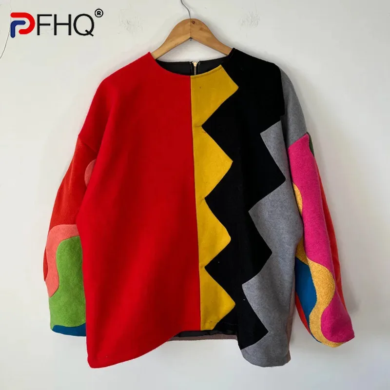 

PFHQ Men's Spring XL Size Only Colorful Pullovers Contrasting Wave Pattern Patchwork Trendy Designer Loose New Sweater 21Z3779