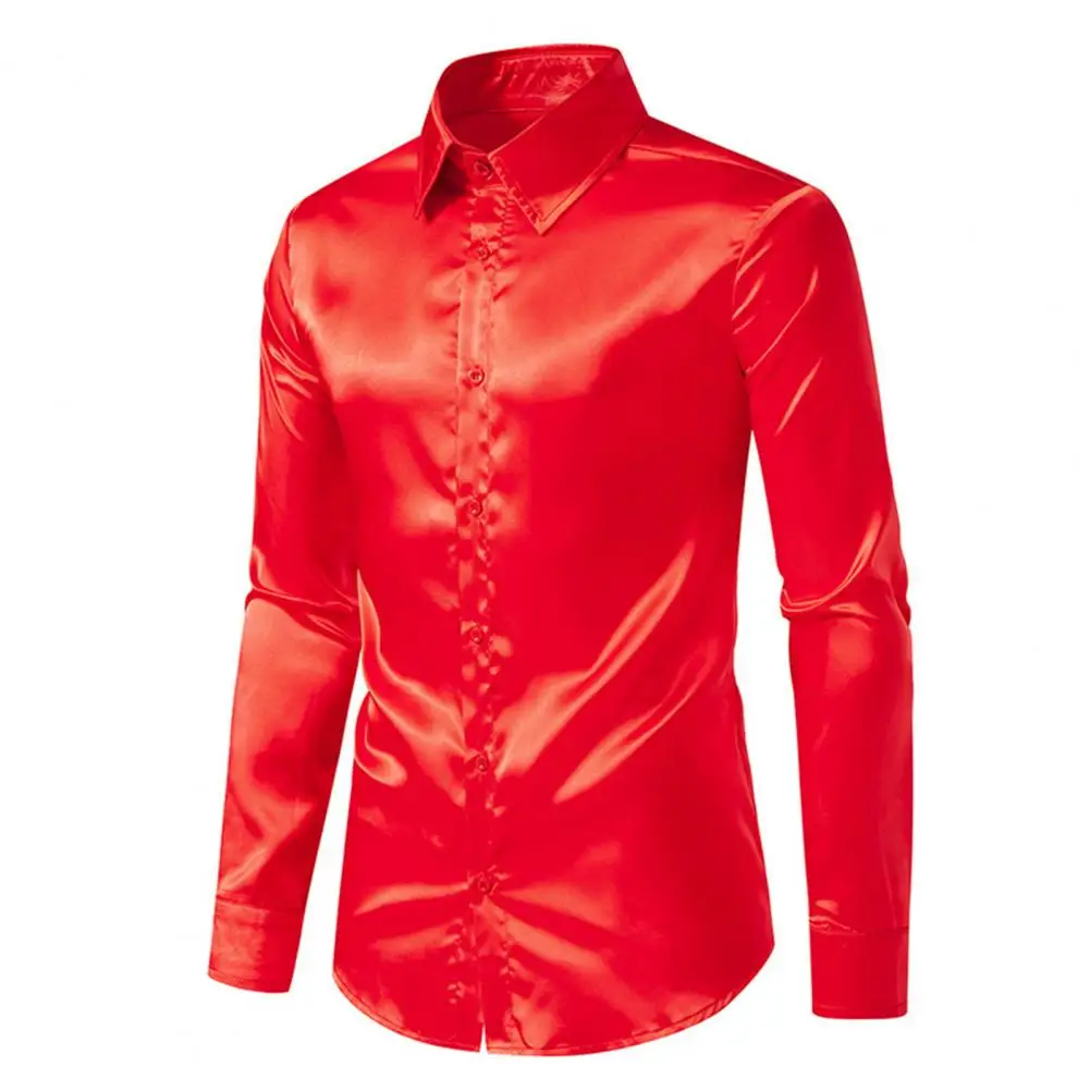

Classic Fit Men Shirt Men Business Work Shirt Smooth Silky Satin Men's Formal Business Shirt with Long Sleeve Turn-down for Club
