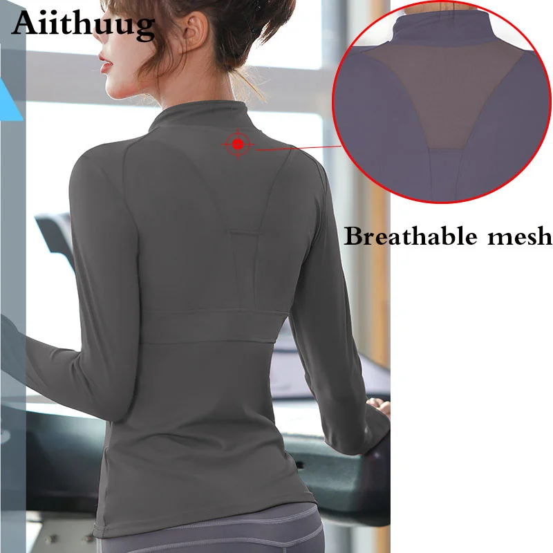 Women Sports Shirt Long Sleeves Running Breathable Gym Workout Yoga Jacket with Zipper Finger Holes
