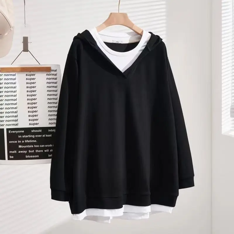 Spring Autumn New Women\'s Simplicity Extra-large Size V-Neck Fake Two Pieces Fashion Casual Loose Long Sleeve Hooded Tops