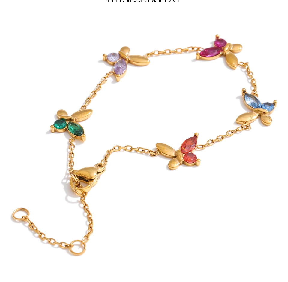 Yhpup Edelstahl-Armband mit bunten Zirkonia-Steinen und Schmetterlingskette, exquisiter, trendiger Premium-Handgelenkschmuck als Geschenk – Detail 7