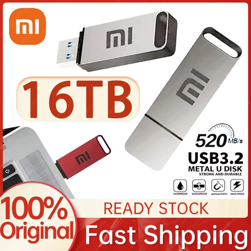 thumbnail image 1 of Unidad flash USB 3.2 de 16 TB de Xiaomi, unidad flash SSD de alta velocidad de transferencia, unidad flash de metal de alta capacidad, tipo C, unidad U portátil a prueba de agua, 1 of 5