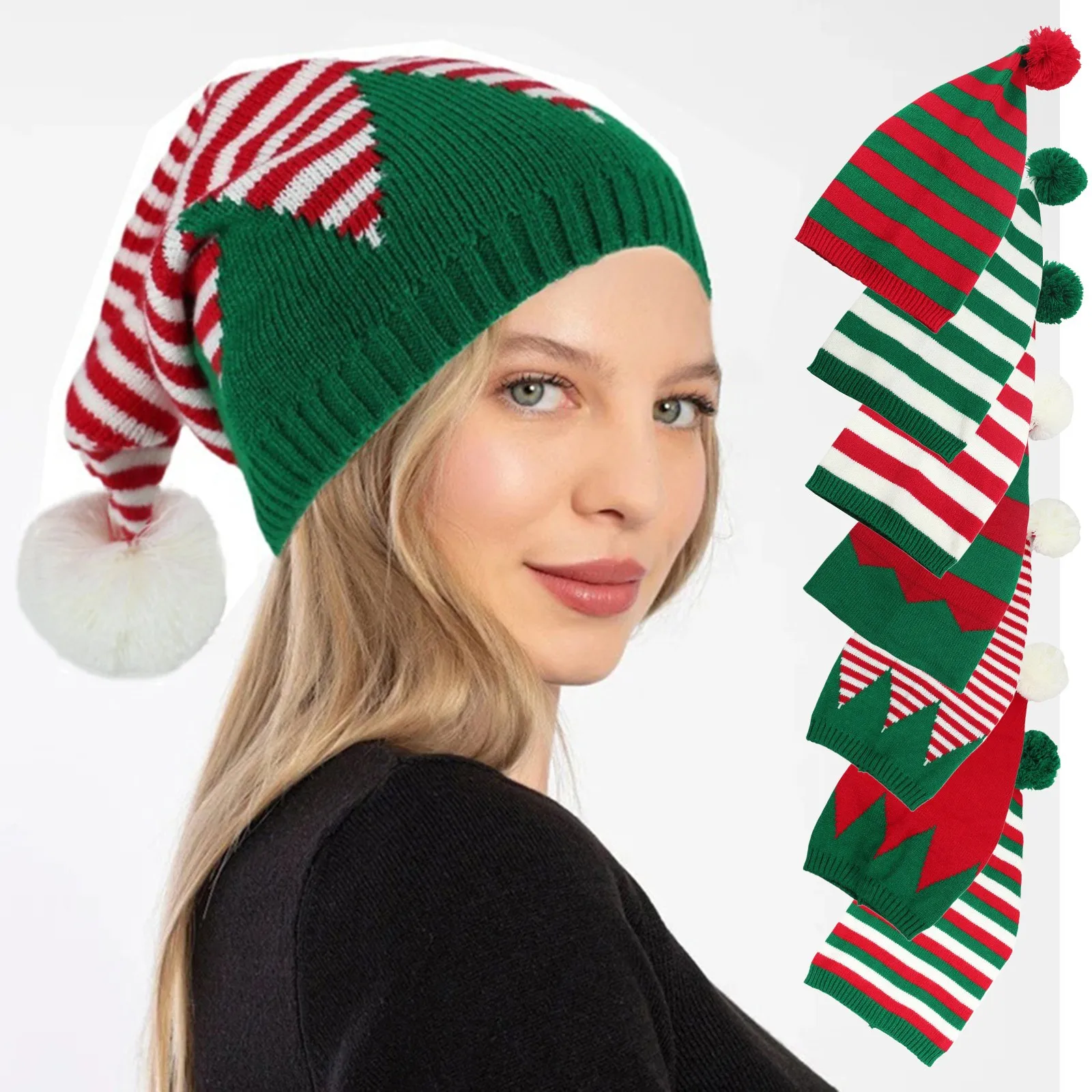 Christmas Elf Santa Beanie - Knitted Red Green Striped Hat